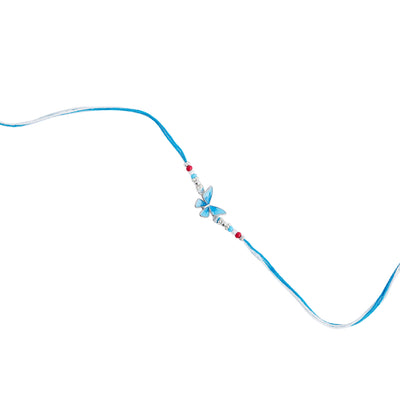 blue rakhi featuring a delicate butterfly design