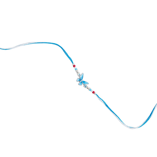 blue rakhi featuring a delicate butterfly design