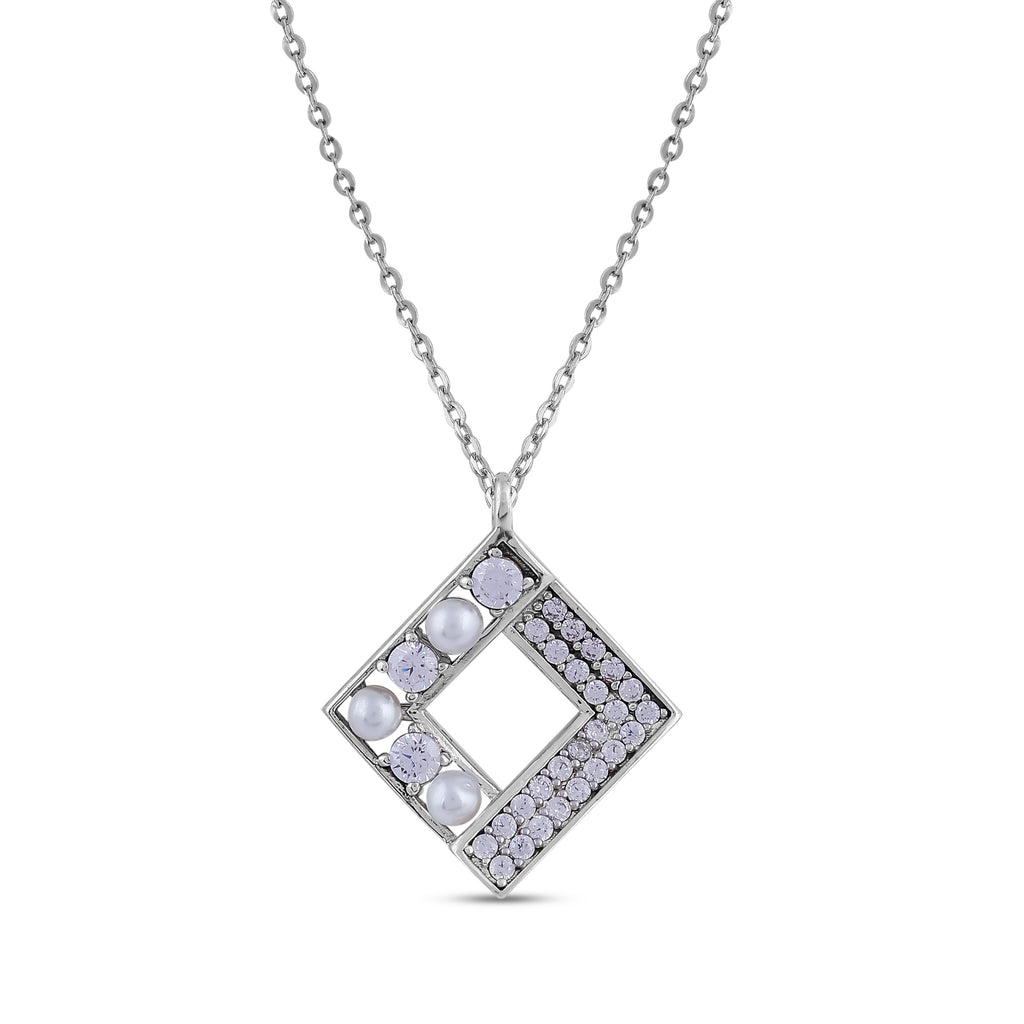 Geometric Pearl & CZ Pendant Necklace