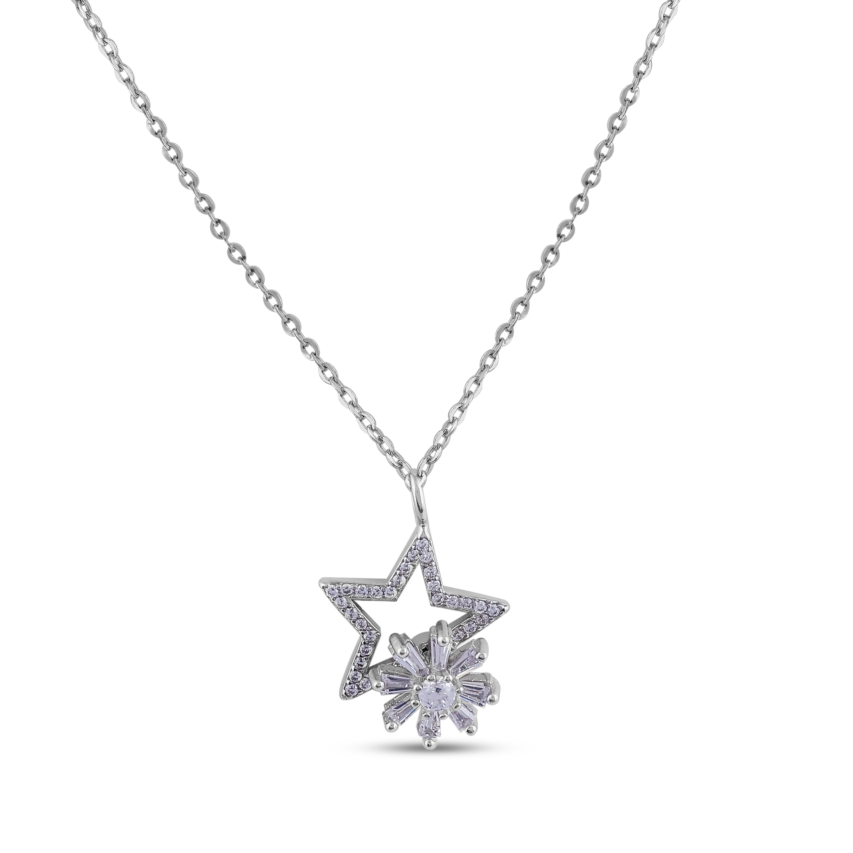 Sparkling Star &amp; Flower Pendant Necklace
