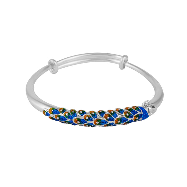 Peacock Feather Enamel Silver Bangle