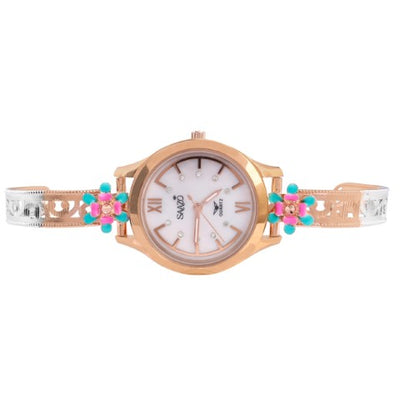SUKOZ Floral Dial Bangle Watch – Rose Gold &amp; Silver