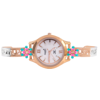 SUKOZ Floral Dial Bangle Watch – Rose Gold &amp; Silver