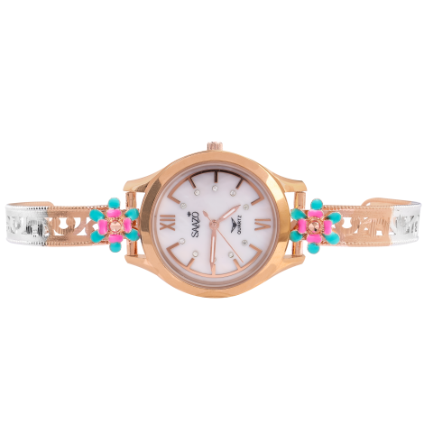 SUKOZ Floral Dial Bangle Watch – Rose Gold & Silver