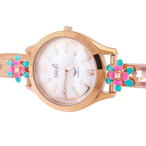 SUKOZ Floral Dial Bangle Watch – Rose Gold & Silver