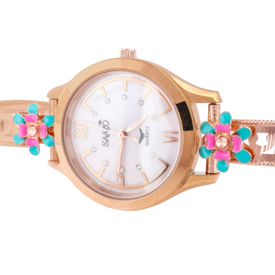 SUKOZ Floral Dial Bangle Watch – Rose Gold &amp; Silver