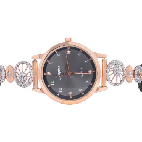 Elegant Rose Gold Women’s Watch with Black Beaded Strap & CZ Detailing
