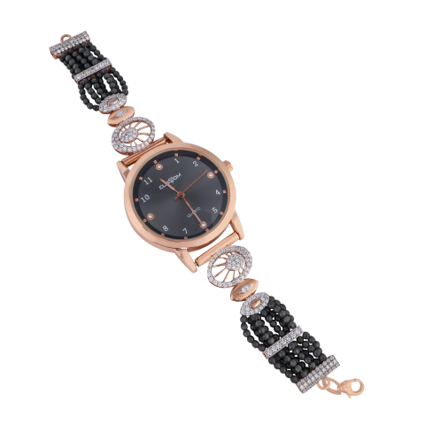 Elegant Rose Gold Women’s Watch with Black Beaded Strap & CZ Detailing