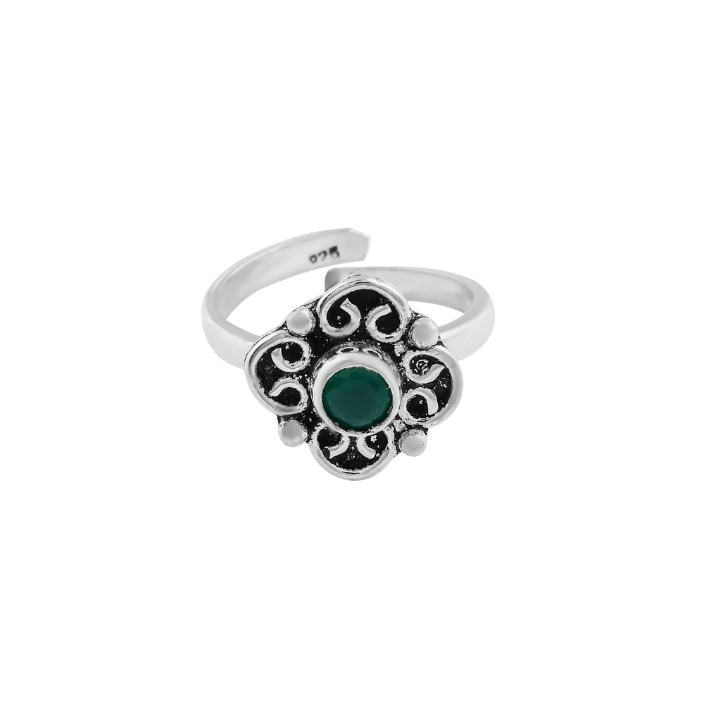 Oxidized Silver Floral Toe Ring with Green Stone
