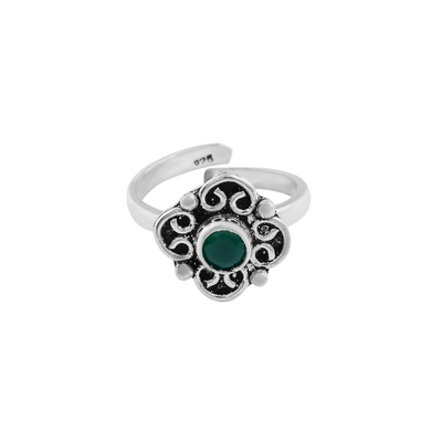 Oxidized Silver Floral Toe Ring with Green Stone