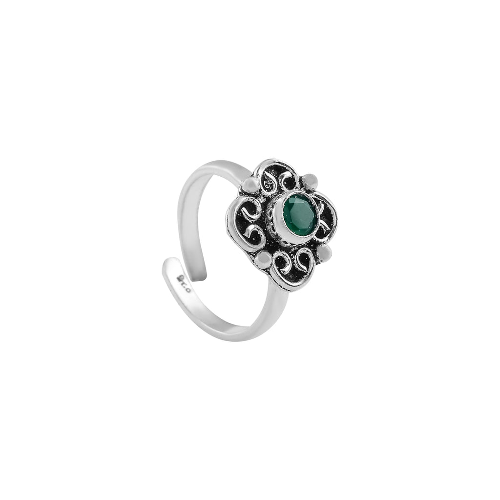Oxidized Silver Floral Toe Ring with Green Stone