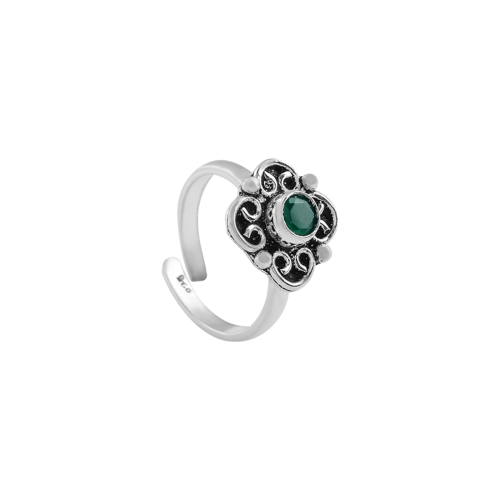 Oxidized Silver Floral Toe Ring with Green Stone