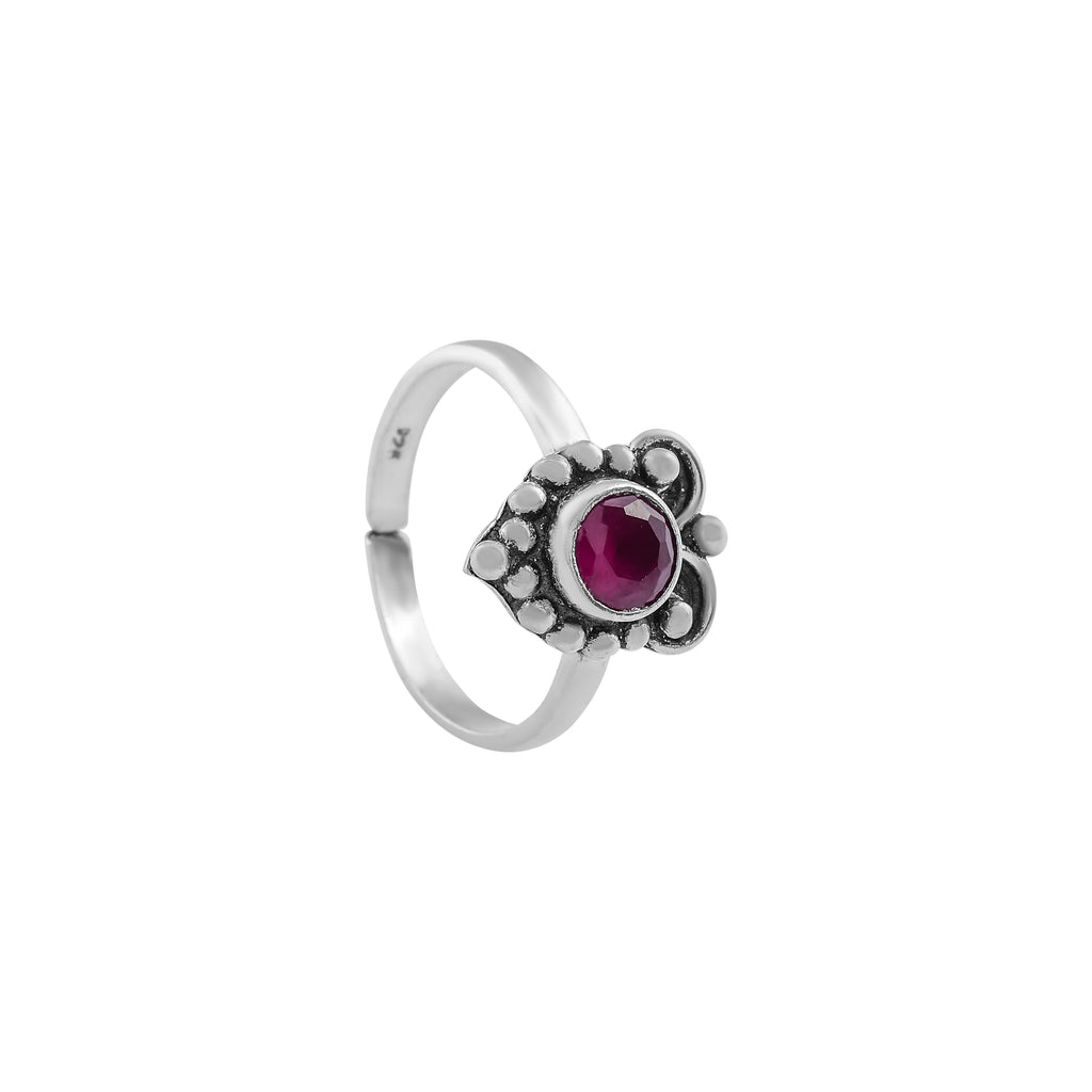 Oxidized Silver Toe Ring with Maroon Stone – Ethnic Elegance