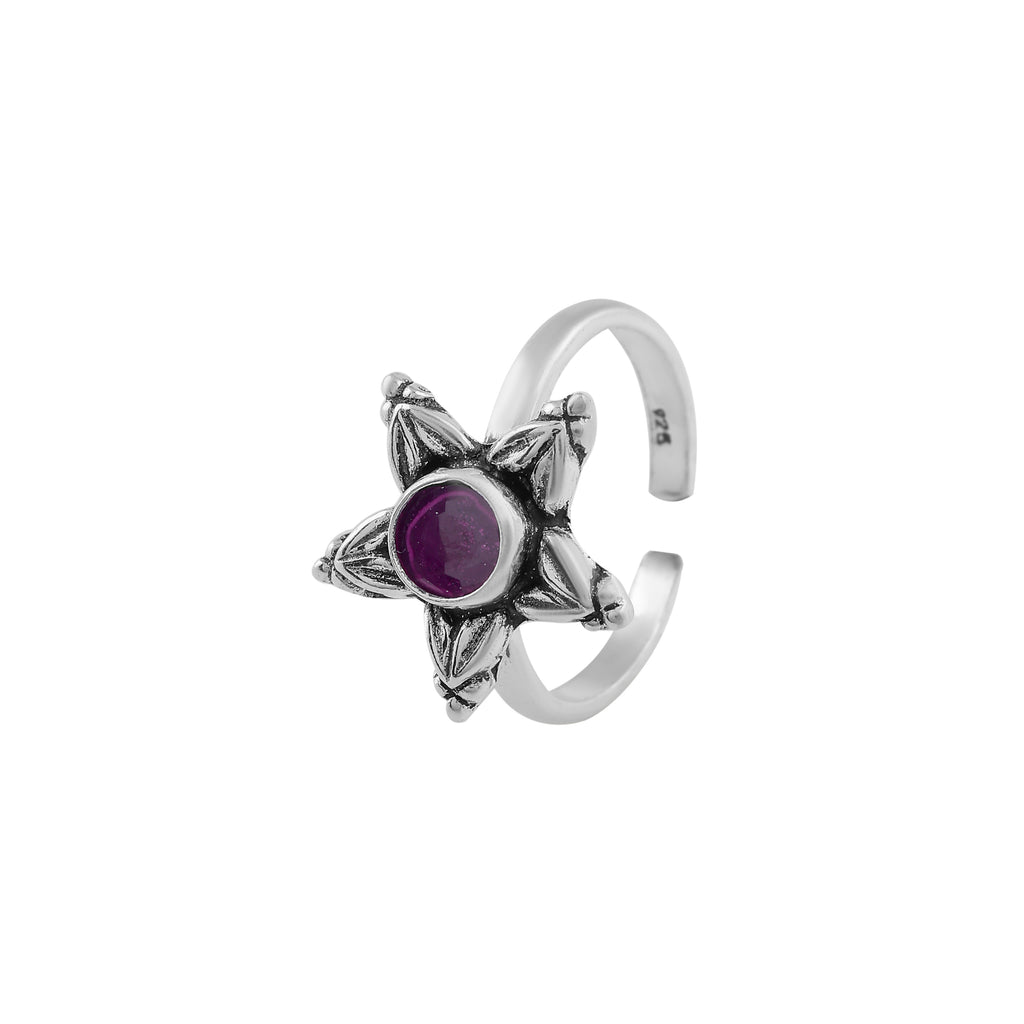 Starflower Oxidized Silver Toe Ring with Purple Stone – Boho Charm