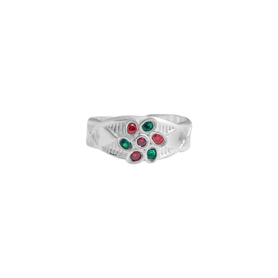 Floral Gemstone Toe Ring – Silver with Red &amp; Green Stones
