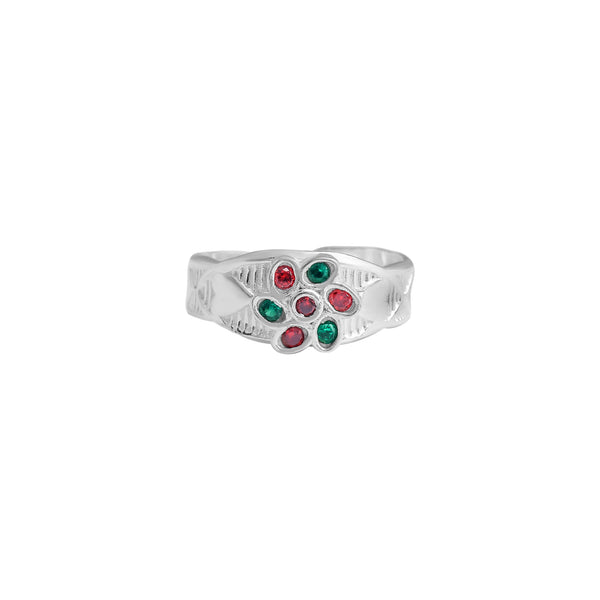 Floral Gemstone Toe Ring – Silver with Red & Green Stones