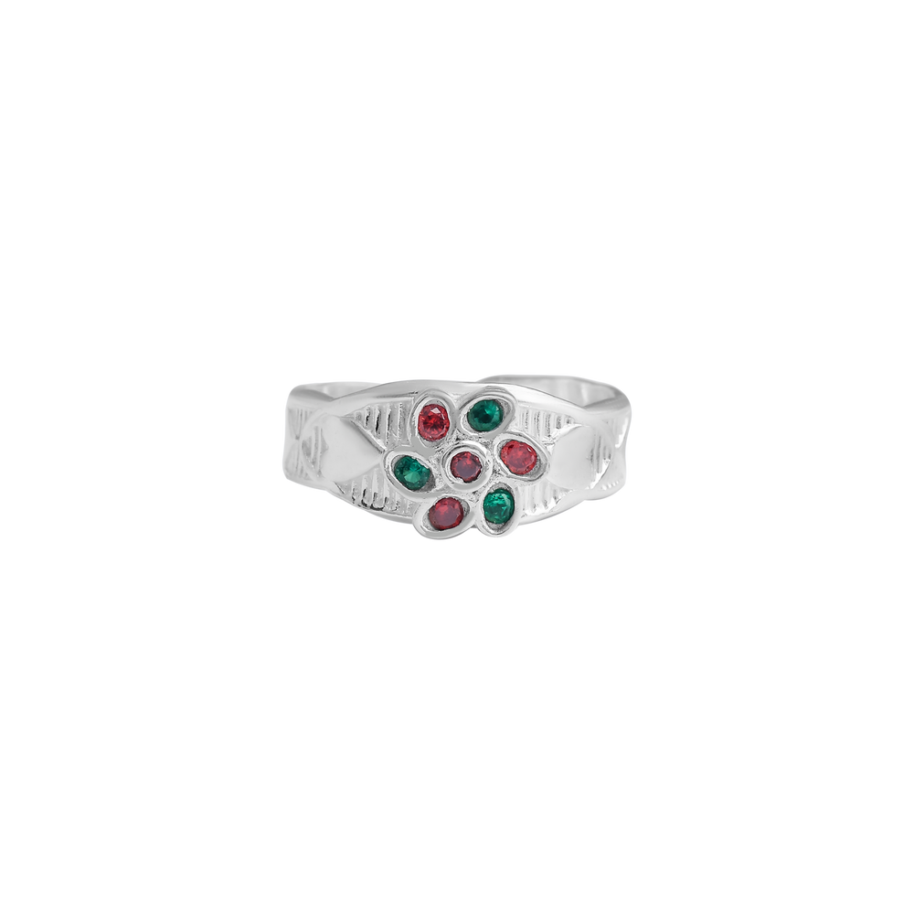 Floral Gemstone Toe Ring – Silver with Red & Green Stones
