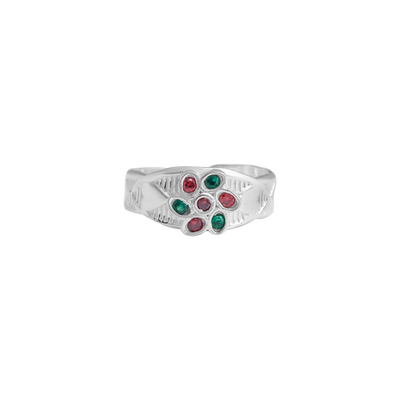 Floral Gemstone Toe Ring – Silver with Red &amp; Green Stones