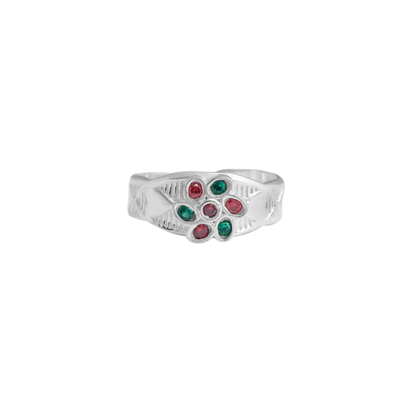 Floral Gemstone Toe Ring – Silver with Red & Green Stones