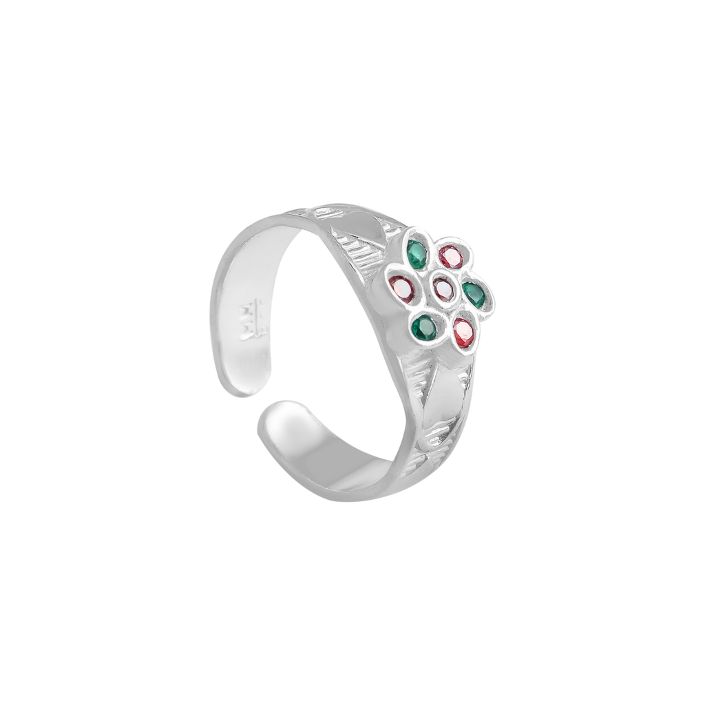 Floral Gemstone Toe Ring – Silver with Red & Green Stones