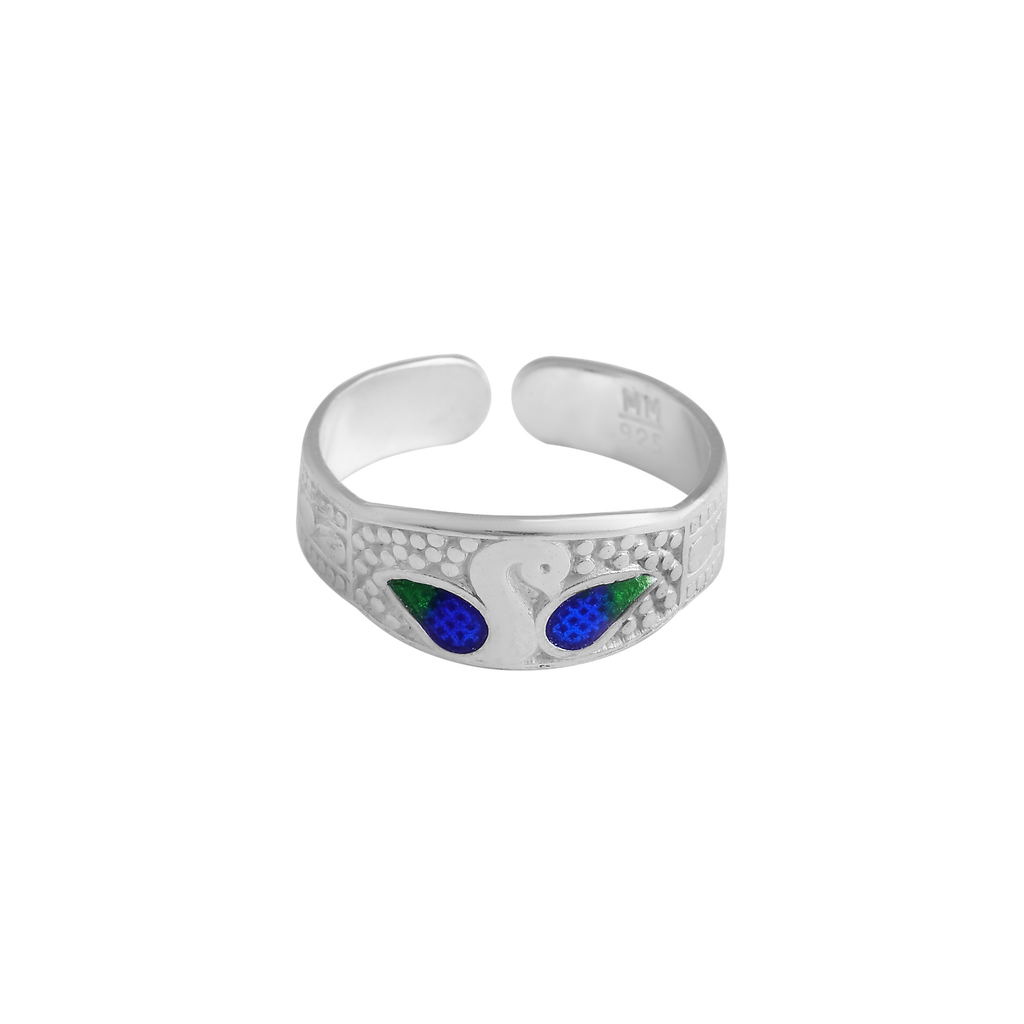 Elegant Swan Design Toe Ring – 925 Silver with Blue & Green Enamel