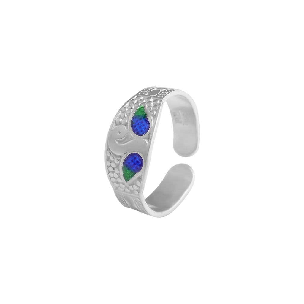Elegant Swan Design Toe Ring – 925 Silver with Blue & Green Enamel