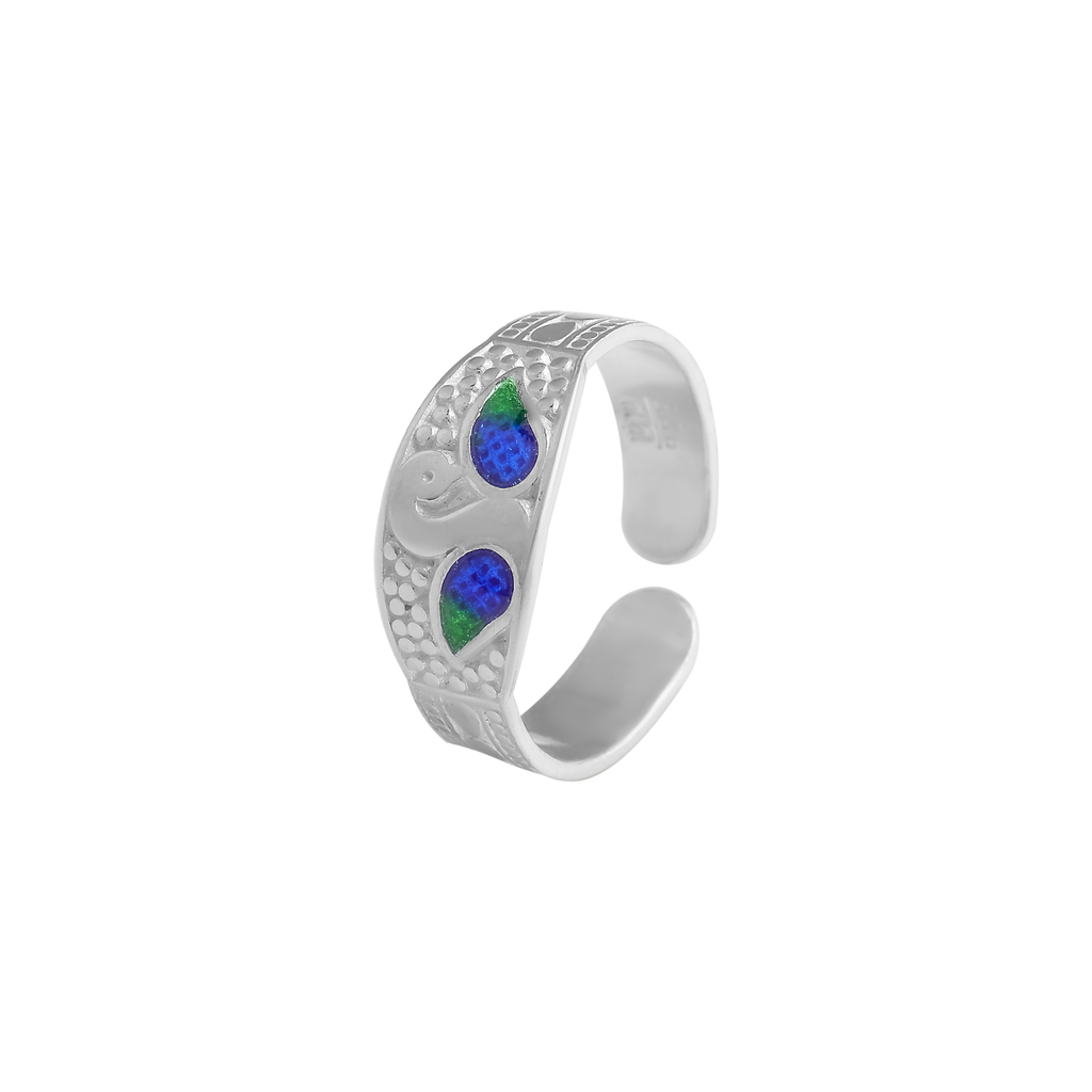 Elegant Swan Design Toe Ring – 925 Silver with Blue & Green Enamel