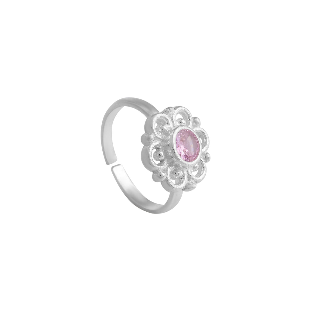 Vintage Floral Sterling Silver Toe Ring with Pink Stone