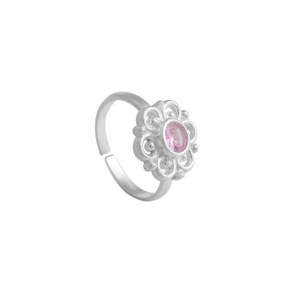 Vintage Floral Sterling Silver Ring with Pink Stone