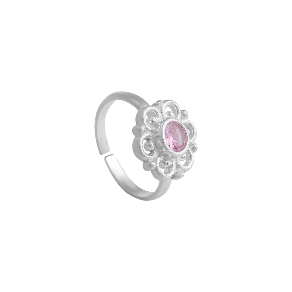 Vintage Floral Sterling Silver Toe Ring with Pink Stone