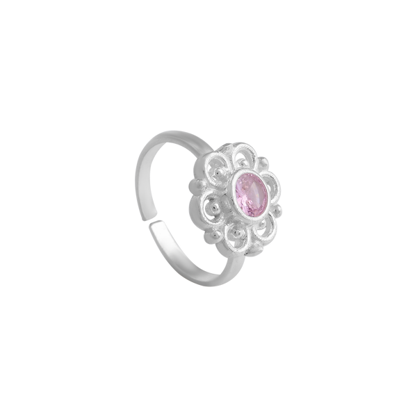 Vintage Floral Sterling Silver Ring with Pink Stone