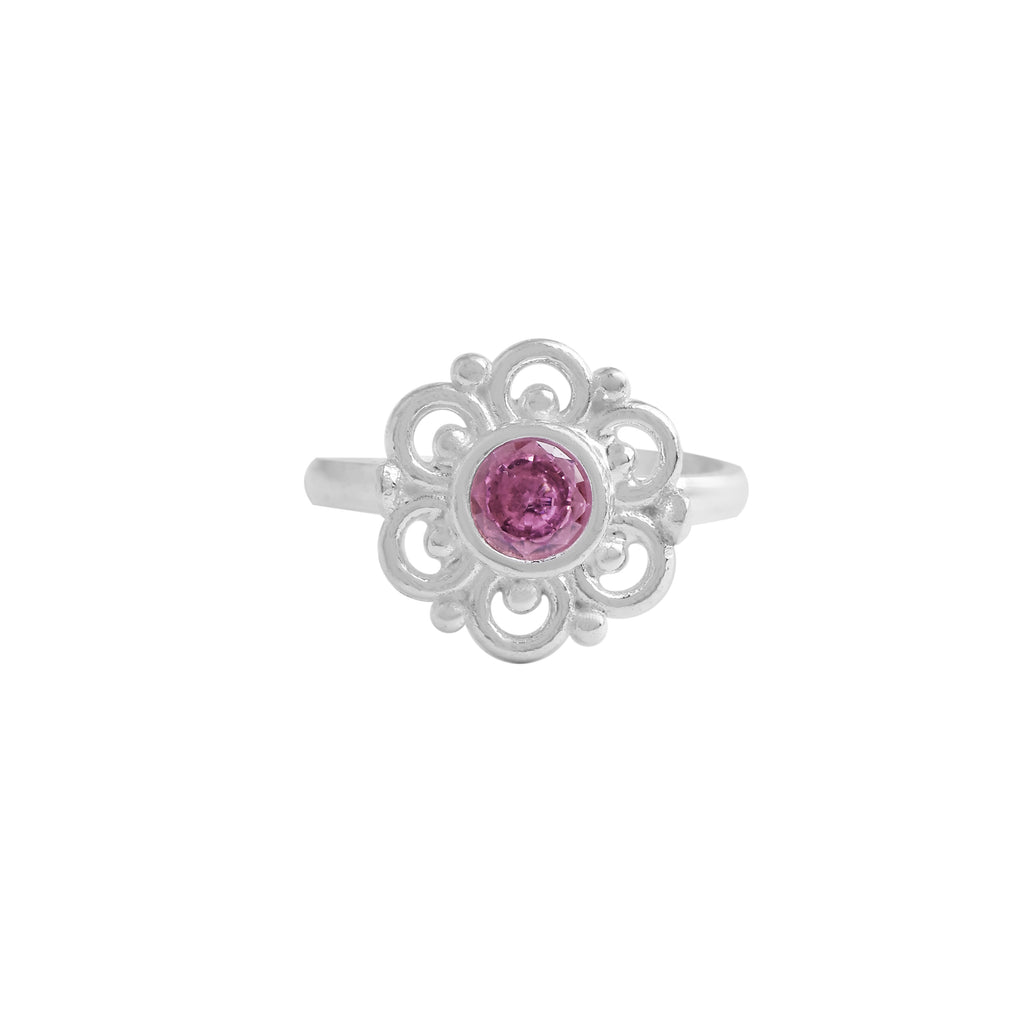 Vintage Floral Sterling Silver Toe Ring with Pink Stone