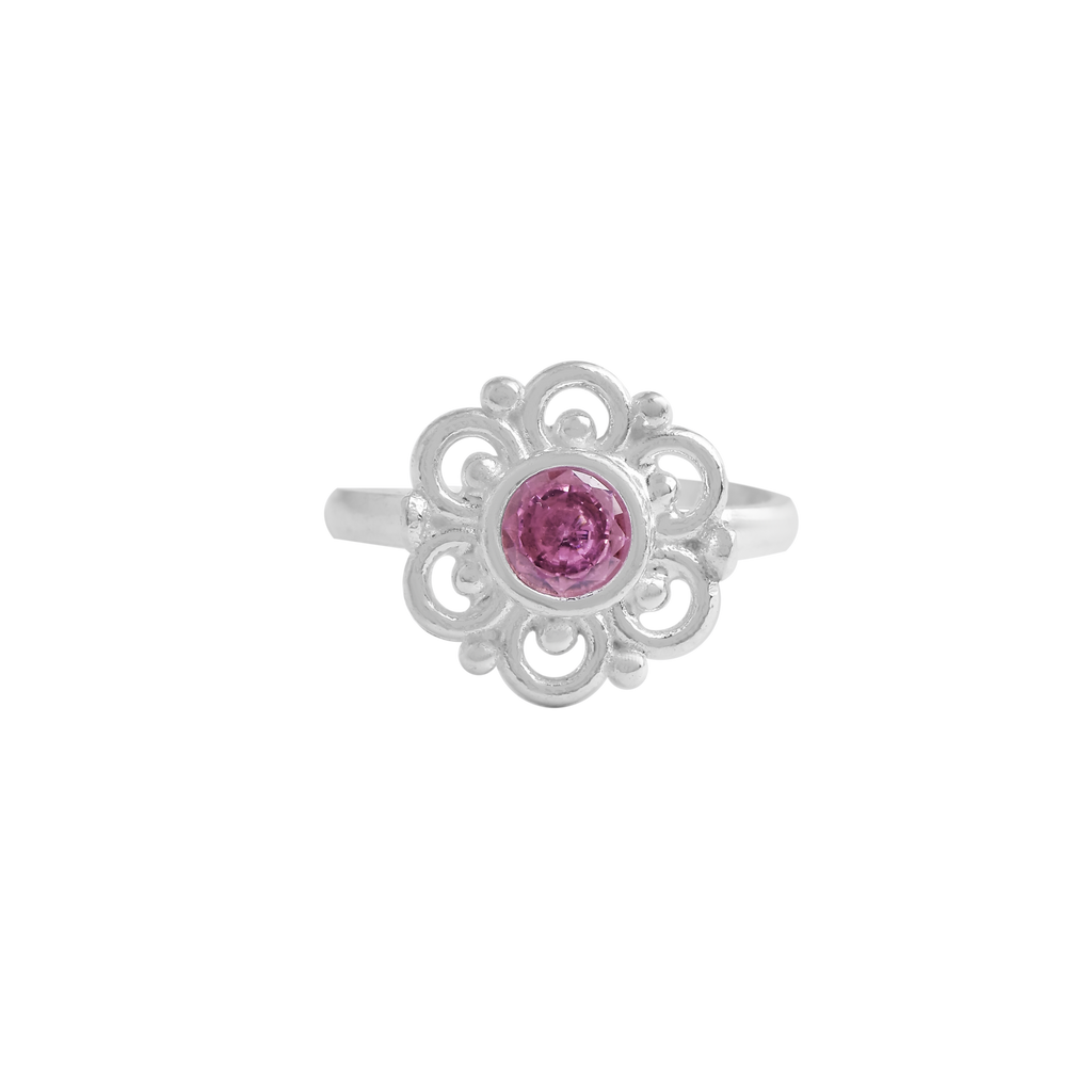 Vintage Floral Sterling Silver Toe Ring with Pink Stone