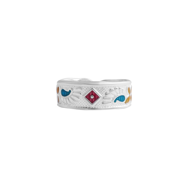 Vibrant Meenakari Pure Silver Ring – Multicolor Enamel Detailing