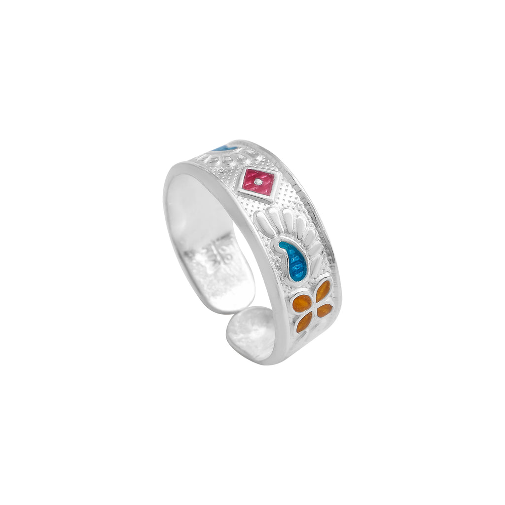 Vibrant Meenakari Pure Silver Toe Ring – Multicolor Enamel Detailing