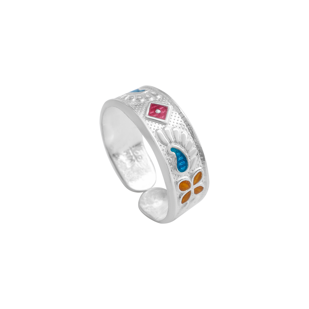 Vibrant Meenakari Pure Silver Toe Ring – Multicolor Enamel Detailing