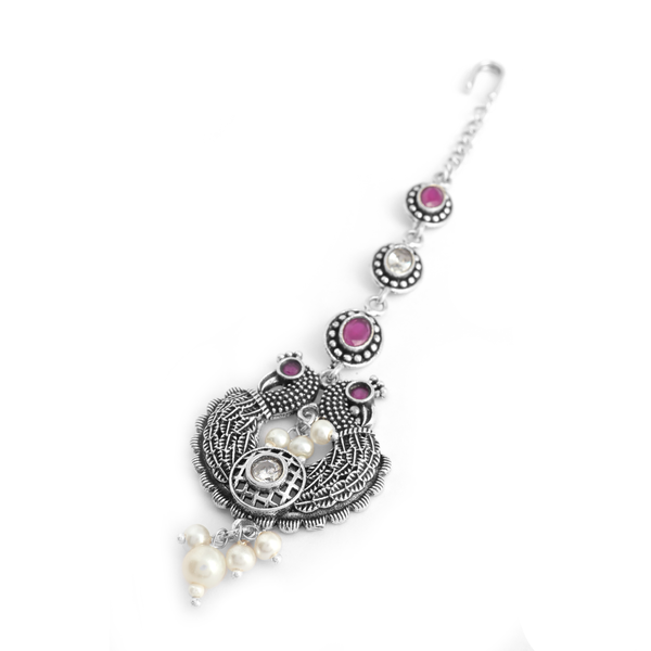 Vintage Oxidized Silver Maang Tikka with Ruby Stones & Pearls