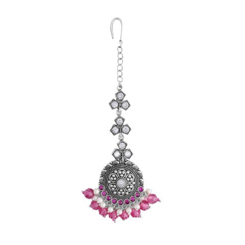 Antique Oxidized Silver Maang Tikka with Pink Beads & Mirror Accents
