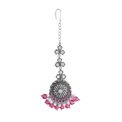 Antique Oxidized Silver Maang Tikka with Pink Beads & Mirror Accents