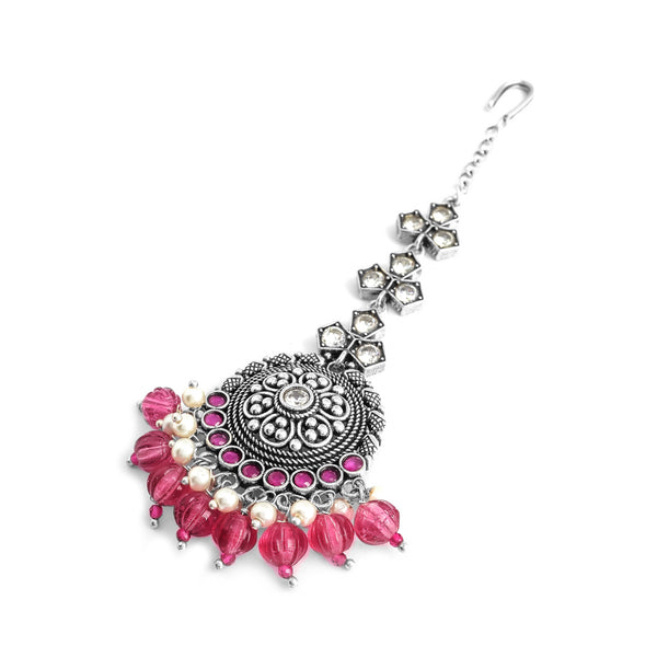 Antique Oxidized Silver Maang Tikka with Pink Beads & Mirror Accents
