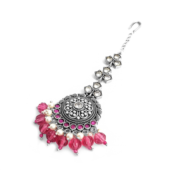 Antique Oxidized Silver Maang Tikka with Pink Beads & Mirror Accents
