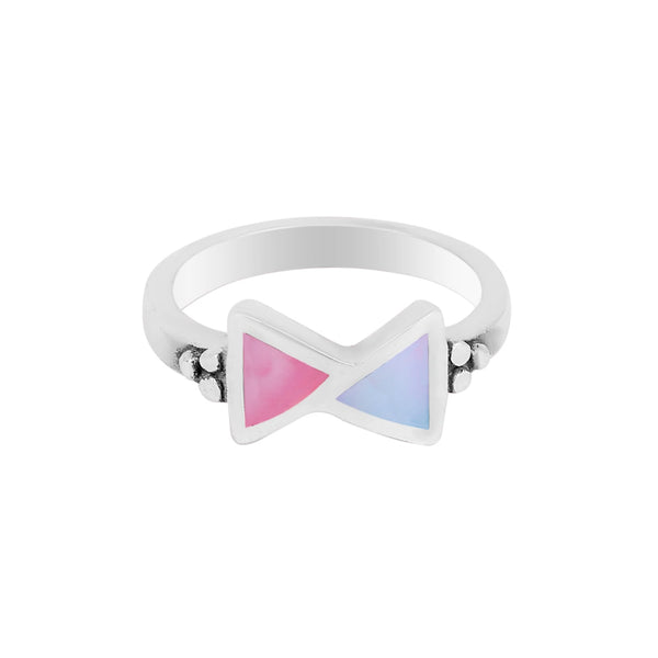Sterling Silver Bow Tie Ring with Pink and Blue Enamel Inlay