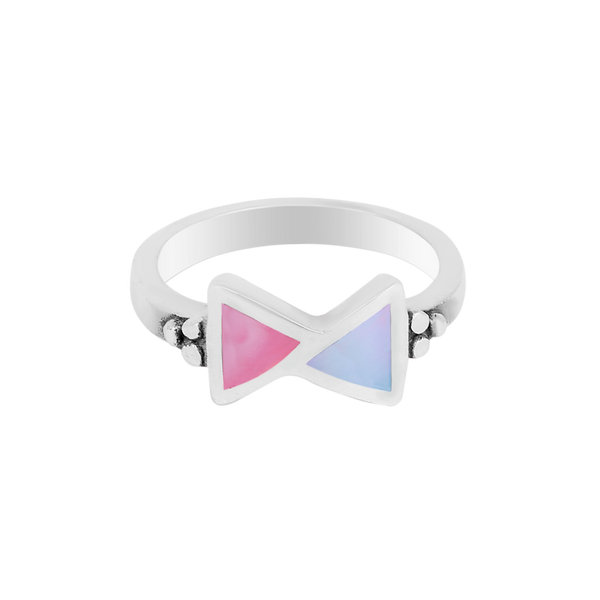 Sterling Silver Bow Tie Ring with Pink and Blue Enamel Inlay
