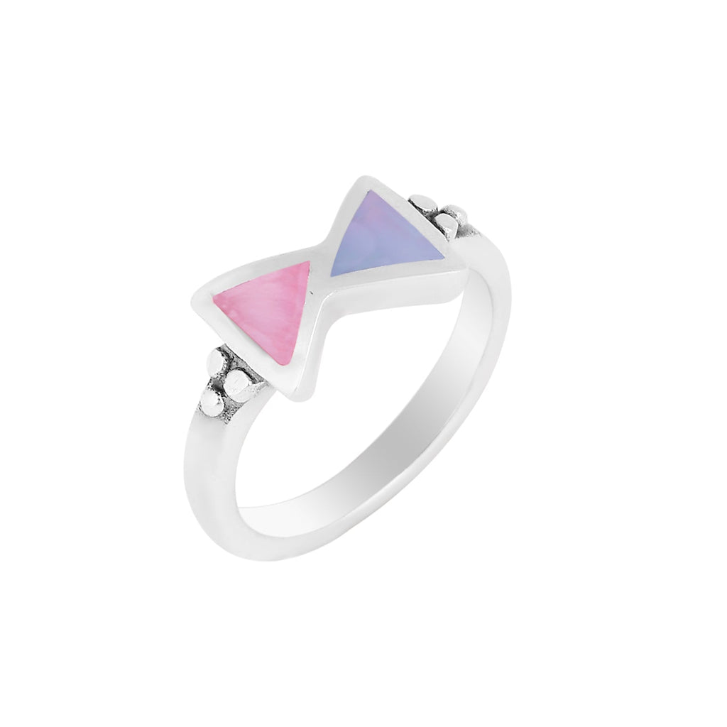 Sterling Silver Bow Tie Ring with Pink and Blue Enamel Inlay