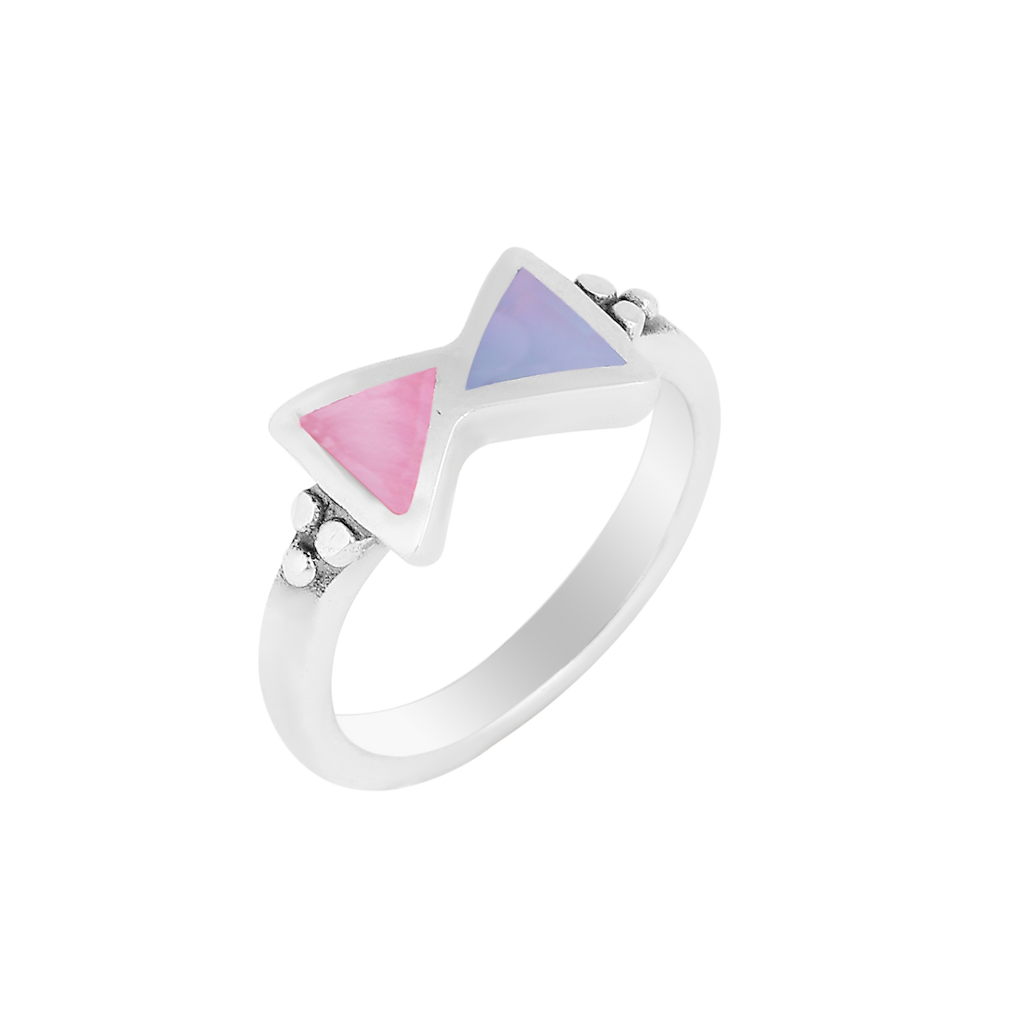 Sterling Silver Bow Tie Ring with Pink and Blue Enamel Inlay