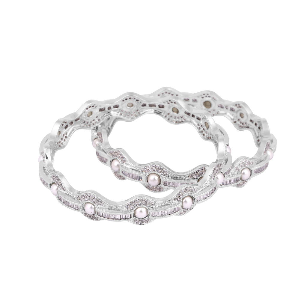 Silver Bangles with Pearls Clear Stones