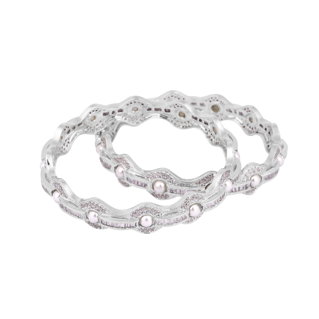 Silver Bangles with Pearls Clear Stones