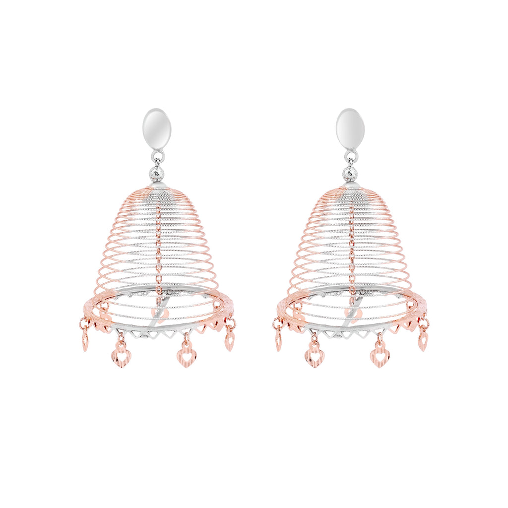 Rose Gold Spiral Bell Earrings with Heart Pendants