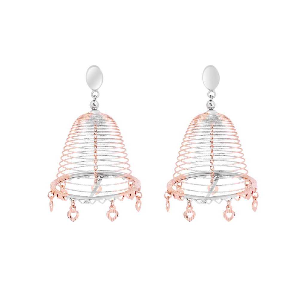 Rose Gold Spiral Bell Earrings with Heart Pendants