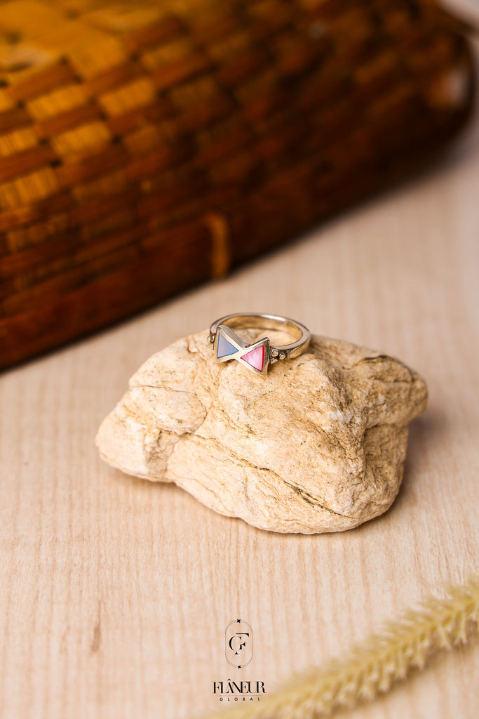 Sterling Silver Bow Tie Ring with Pink and Blue Enamel Inlay